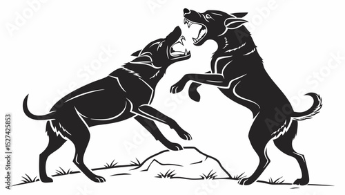 Two Aggressive Dogs Fighting Over a Rock, Black Silhouette