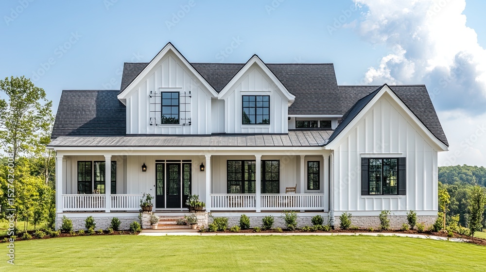 The exterior of a newly built white farmhouse-style home. The exterior of a newly built white farmhouse-style home.