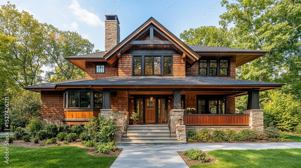 Naklejka premium The exterior of an American craftsman-style home, highlighting the entryway and porch.