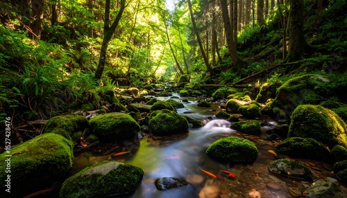 Sunlit Stream in a Lush Green Forest