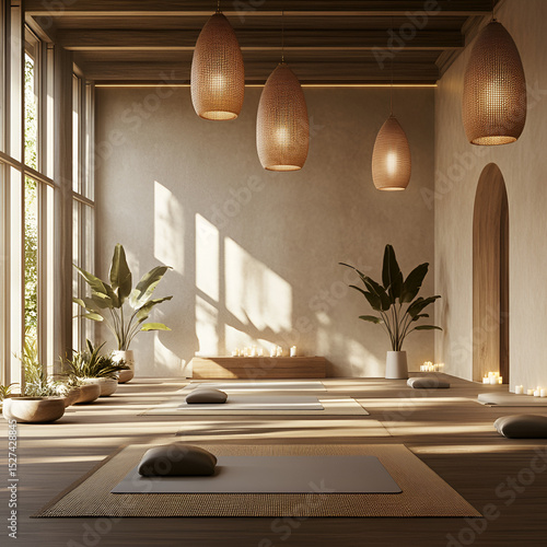 Relaxation session in a modern yoga studio with natural light and indoor plants