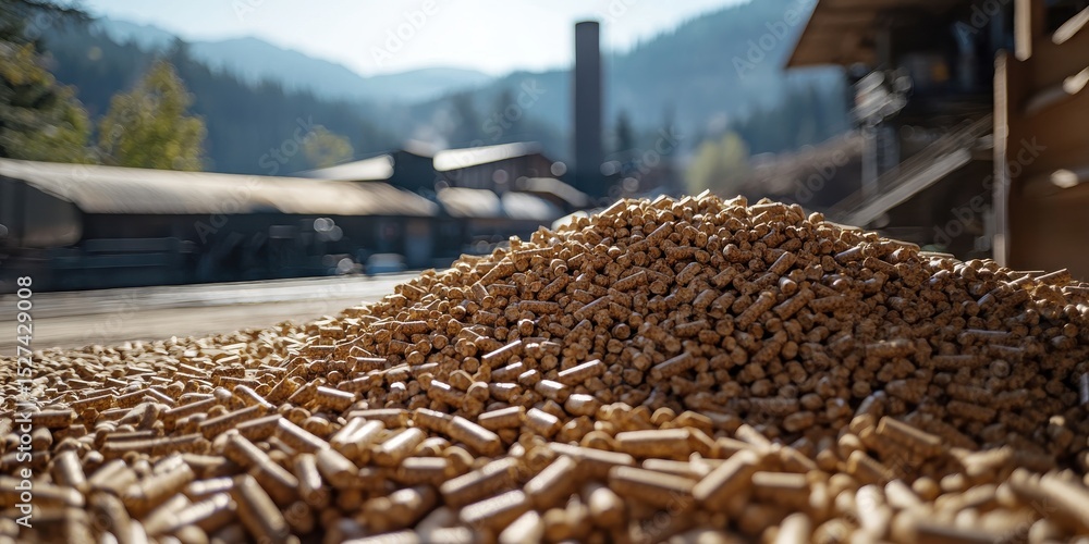 Obraz premium A pile of wood pellets is prominently featured in the foreground with a factory and mountains in the background, suggesting an industrial setting.