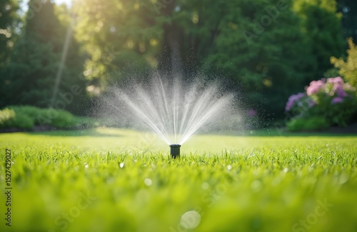 Sprinkler system watering vibrant green lawn. Sprinkler sprays water, irrigation of yard, garden. Sunny day. Smooth grass, plants, eco-friendly lawn care, lawn irrigation, sprinkler system, freshness.