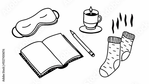 A cozy scene with a sleep mask, open book, pencil, candle, socks, and steam in a black and white drawing created with generated ai