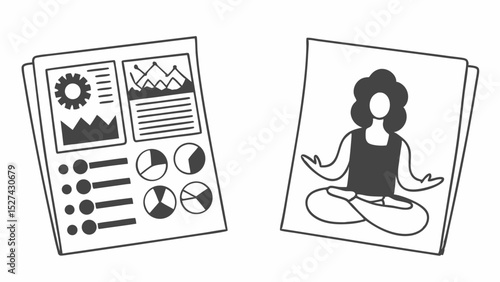 Two documents showing data charts and a woman in lotus position for meditation and relaxation time created with generated ai