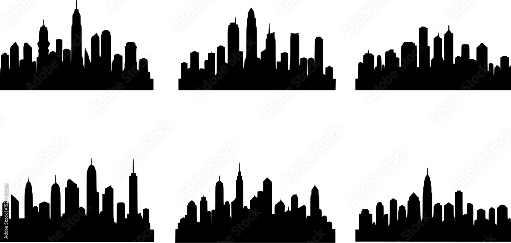 Obraz premium a set of silhouettes of city skylines with clouds and sun, city skyline, urban skyline