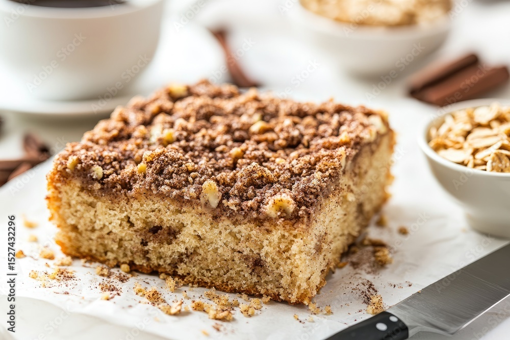 Square crumble cake on parchment paper, alongside coffee and oats Square crumble cake on parchment paper, alongside coffee and oats