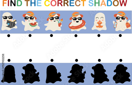 Find correct shadow game with cute summer ghost characters wearing hats and sunglasses, enjoying drinks and snacks happily