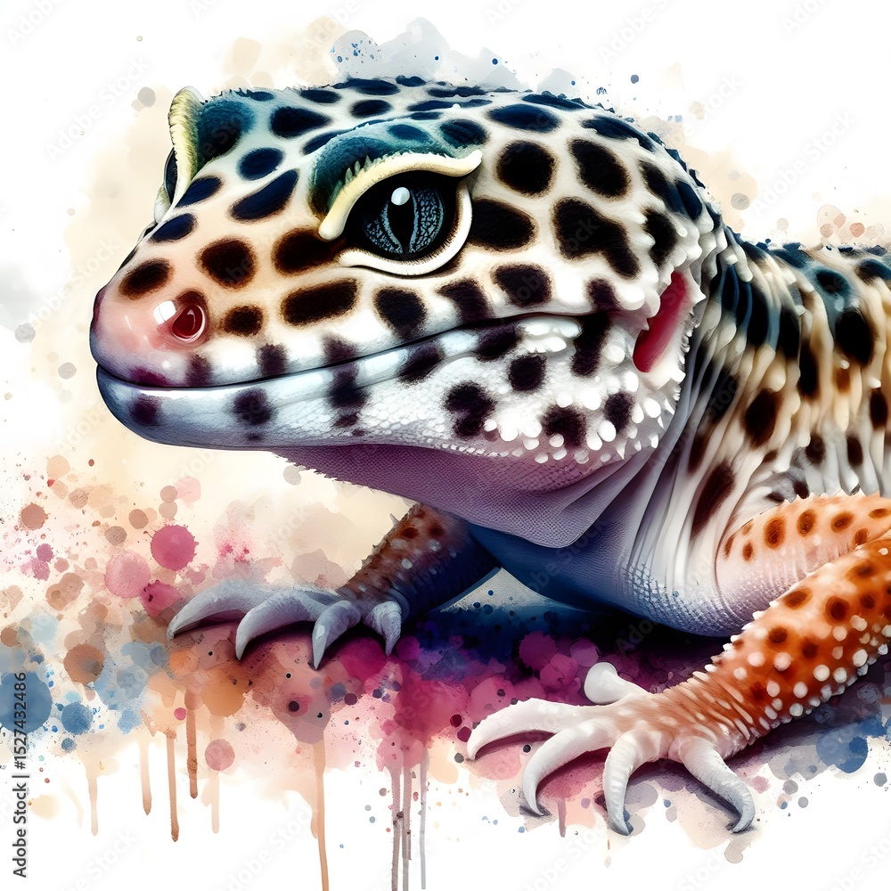 Naklejka premium 흰 배경, 레오파드 게코, 수채화, jpeg (white background, Leopard gecko, water colour, jpeg)