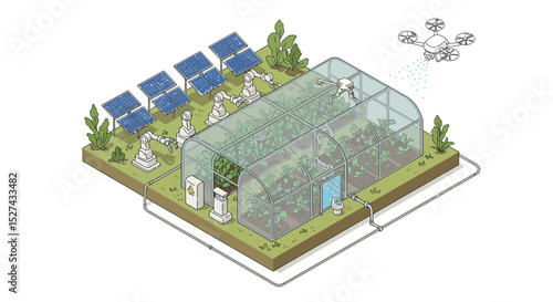 Smart agriculture with solar-powered greenhouse and drone technology for sustainable farming vector illustration