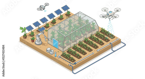 Futuristic sustainable agriculture with hydroponics and robotics for efficient smart farming solutions vector illustration