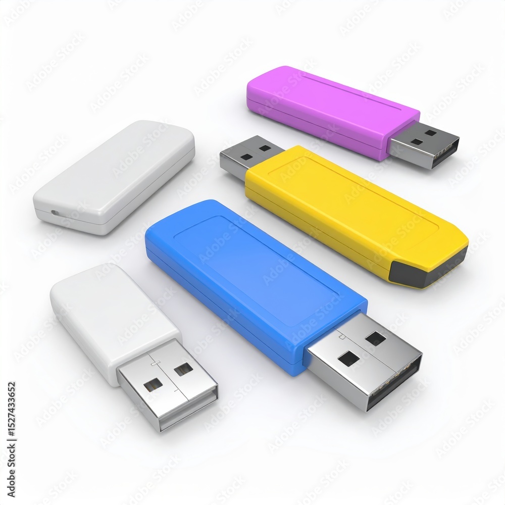 Colorful USB flash drives arranged creatively on a white background for your digital storage needs. Colorful USB flash drives arranged creatively on a white background for your digital storage needs.