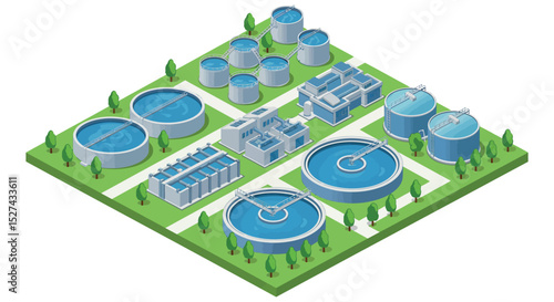 Isometric illustration of a modern wastewater treatment plant with storage tanks and filtration systems vector illustration