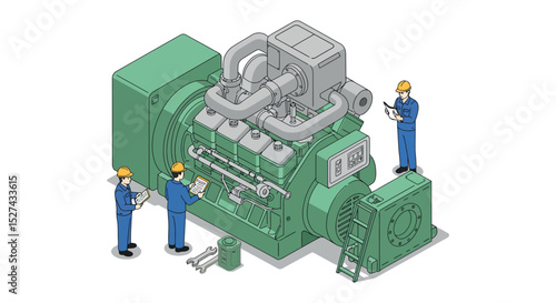 Engine maintenance team inspecting industrial machinery for efficiency and safety vector illustration