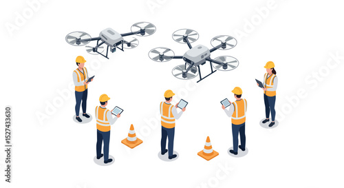 Construction team using drones for surveying and inspection vector illustration