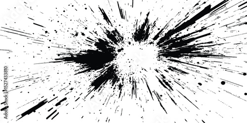 Dynamic charcoal burst explosion, isolated on transparent background. Abstract explosion, radial burst of ink splatter effect.
