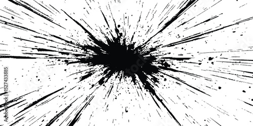 Dynamic charcoal burst explosion, isolated on transparent background. Abstract explosion, radial burst of ink splatter effect.