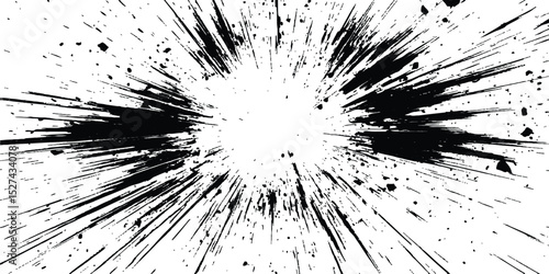 Abstract explosion, radial burst of ink splatter effect. isolated on white background. Black ink splatter creates abstract background with dynamic energy.