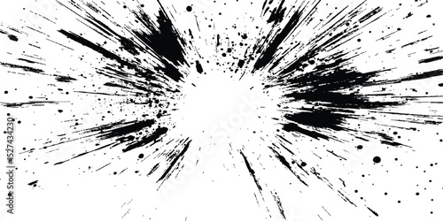Abstract explosion, radial burst of ink splatter effect. isolated on white background. Black ink splatter creates abstract background with dynamic energy.