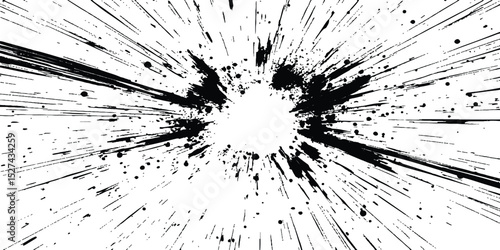 Abstract explosion, radial burst of ink splatter effect. isolated on white background. Black ink splatter creates abstract background with dynamic energy.