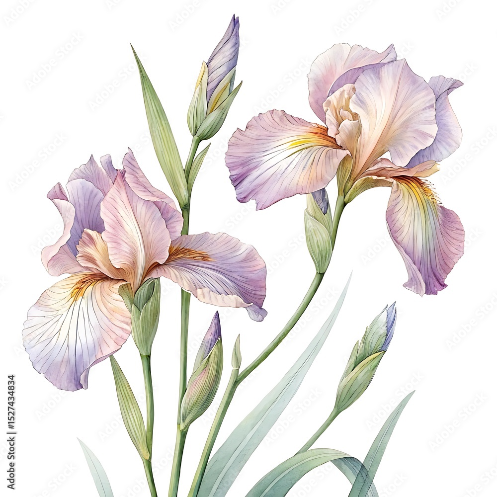 Fototapeta premium Delicate Watercolor Iris Flowers on Transparent White Background