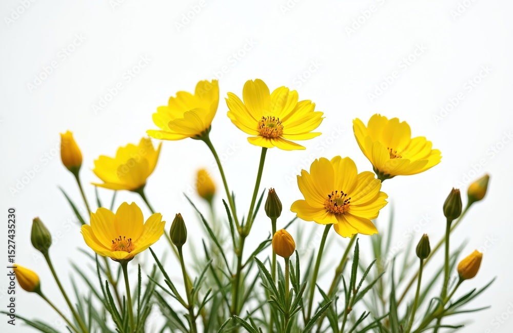 Fototapeta premium Vibrant yellow wildflowers, isolated white background. Bright, sunny floral arrangement with open blossoms, buds. Botanical art, design, natural beauty. Perfect for spring, summer, nature themed