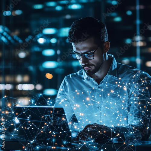 Businessman holds global web development operations with a network connected to clients and partners. Cutting-edge web development technologies power the platform, user experiences and business growth