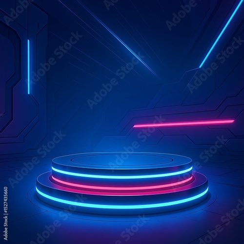 Futuristic Neon Podium Sci-Fi Stage with Glowing Lights