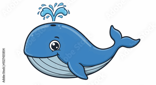 Cute Blue Whale Spouting Water Cartoon Character

