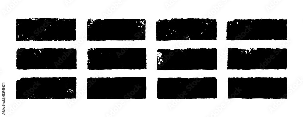 Black paint brush stamps. Vector grunge effect text boxes. Rough, stroke spray ink rectangles on paper. Distressed scratch background. Ink splatter frames on white. Paintbrush element banner bg