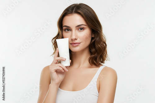 Mockup of a tube of skin care cream in the hands of a model. Cosmetics advertisement.