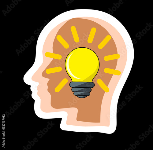 A hand-drawn icon showcasing a profile silhouette with a glowing yellow light bulb inside—symbolizing brilliant ideas, creativity, and intellectual inspiration. Perfect for innovation-themed designs, 