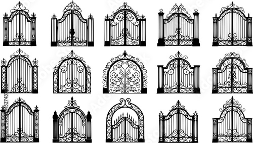 A collection of ornate black silhouettes of gates and arches