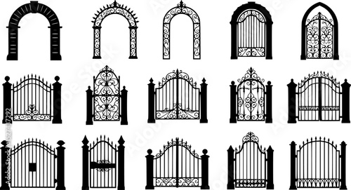 A collection of ornate black silhouettes of gates and arches