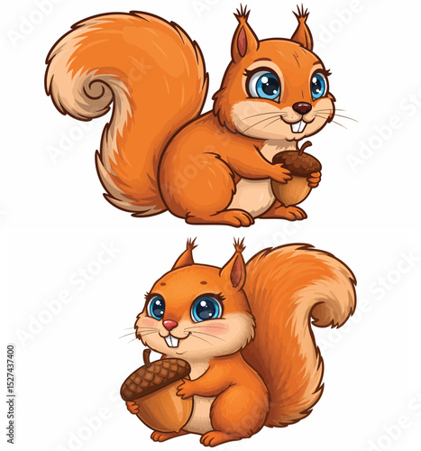 Cute Cartoon Squirrel Holding Acorn Character


