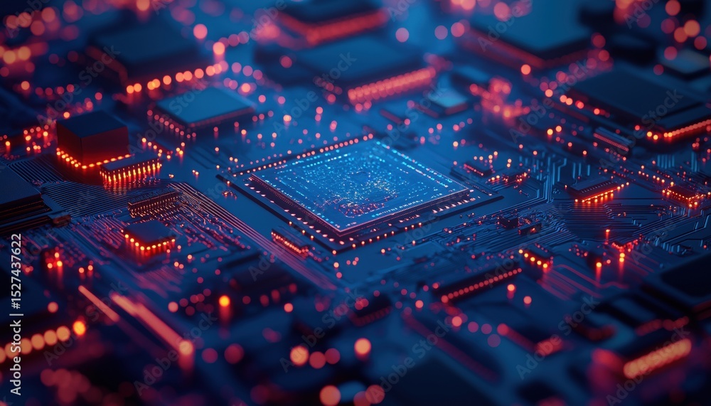 Futuristic Circuit Board with Glowing Red and Blue Lights, Digital Computing Technology Futuristic Circuit Board with Glowing Red and Blue Lights, Digital Computing Technology