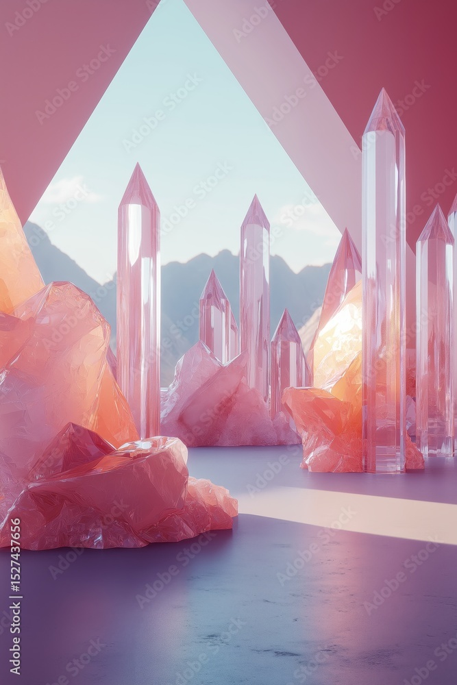 Ethereal Crystal Landscape with Pink Clear Gemstones, Geometric Shapes, Abstract Scene Ethereal Crystal Landscape with Pink Clear Gemstones, Geometric Shapes, Abstract Scene