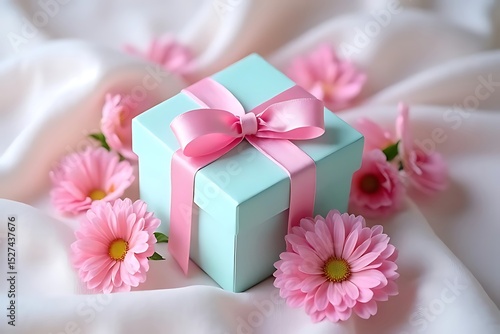 Elegant Pastel Gift Box with Pink Flowers on Silk Fabric