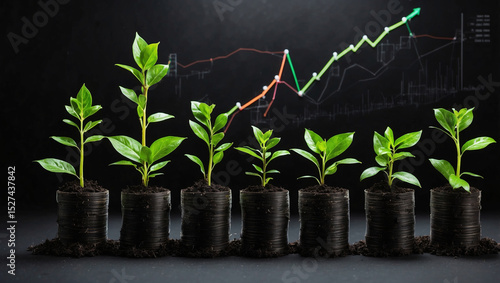 Plants Thriving on Black Background for Artistic Display