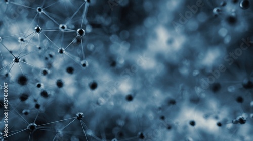 Intricate network of dark spherical nodes interconnected by thin white lines, suspended in a misty blue-toned ethereal digital atmosphere. Expansive and infinite system with out-of-focus background, e