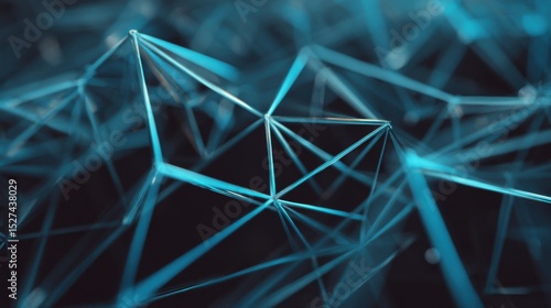 Intricate network of interconnected geometric lines with a metallic blue sheen, forming a complex web-like structure on a dark background. The sleek, modern design represents advanced technology, digi