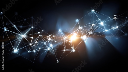 Futuristic digital network with glowing interconnected points and lines, vibrant warm-toned light source at center, set against a dark background of black and deep blue, symbolizing modern technology,