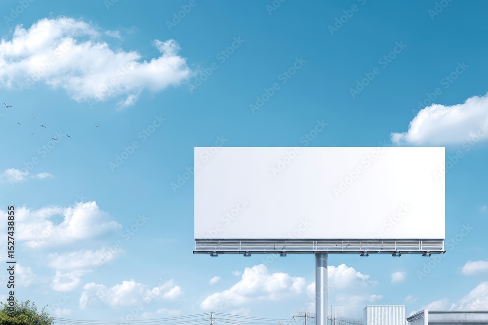Empty billboard mock up against a clear blue sky with fluffy white clouds, showcasing ample copy space for advertising messages or promotional content in an outdoor urban environment Empty billboard mock up against a clear blue sky with fluffy white clouds, showcasing ample copy space for advertising messages or promotional content in an outdoor urban environment