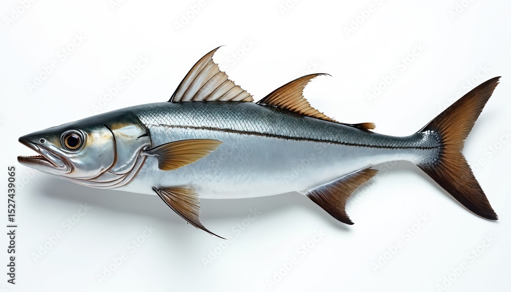Fototapeta premium Realistic, full-body silver tarpon fish isolated on white. Fresh seafood ingredient for cooking. Ocean river animal with scales, head, tail and fins. Fishing, angling, sports and culinary themes.