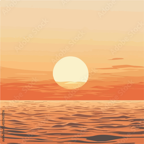 Orange Sunset Calm Ocean illustration vector 2D flat, isolated on a white background.