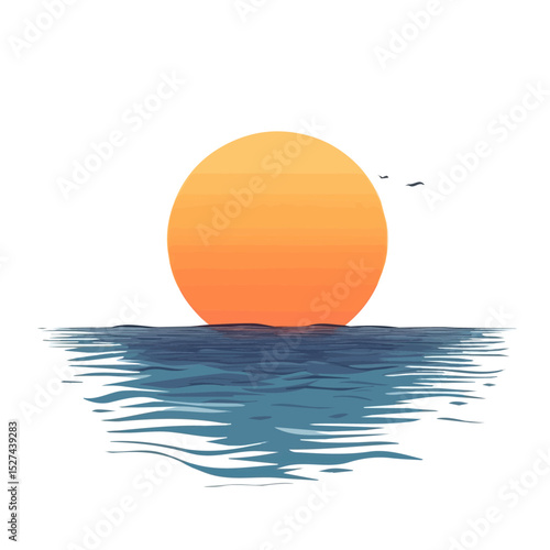 2D flat Orange Sunset Calm Ocean vector illustration, isolated on a white background.