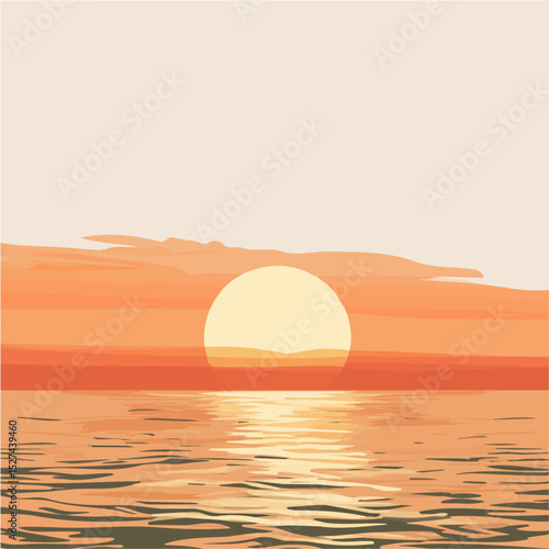 2D flat Orange Sunset Calm Ocean vector illustration, isolated on a white background.