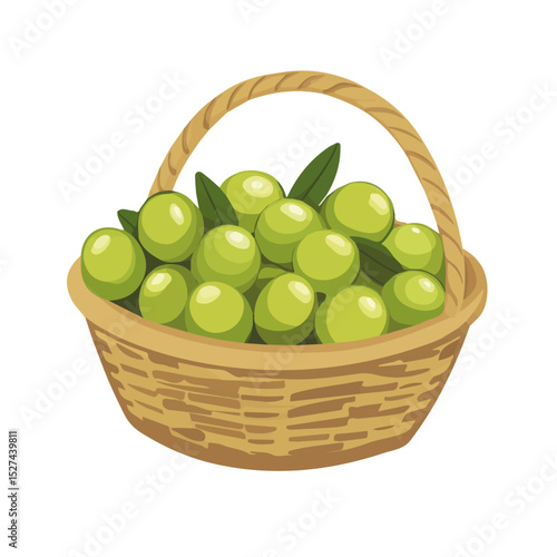 Olive Fruit Basket 2D flat vector illustration, isolated on a white background.