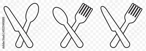 Tableware thin line icon set of fork, knife, spoon. Logotype menu. Cutlery and crockery sign. Flat style eating utensils symbol collection in Stroke on Transparent Background. EPS 10.