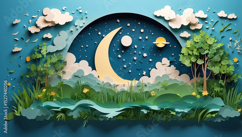 Sky Art Paper Cutting with Moon and Stars for Creative Decor
